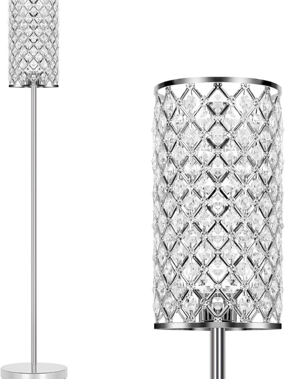 Elegant Silver Crystal Floor Lamp - Tall Pole Design with Foot Switch, Home